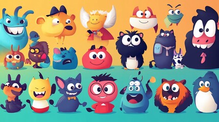 Collection of cute cartoon characters, diverse expressions and designs.