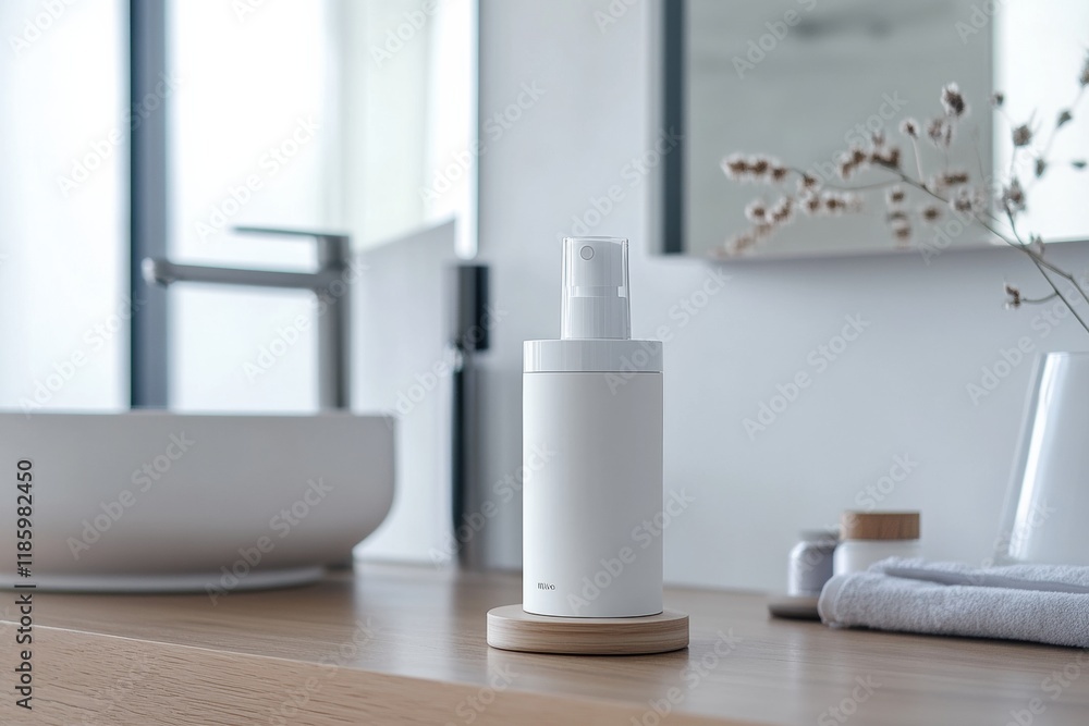 Poster sanitizer dispenser effectively eliminating bacteria in a modern bathroom setting during daylight ho