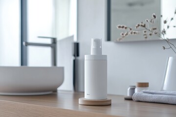 Sanitizer dispenser effectively eliminating bacteria in a modern bathroom setting during daylight hours. Generative AI