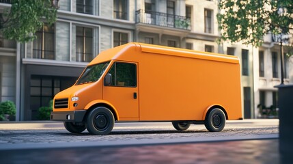 Orange delivery van parked on city street.