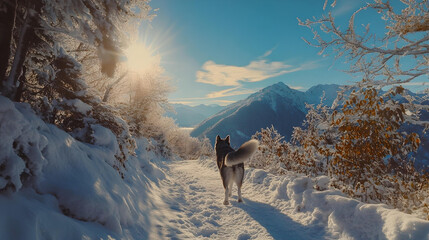 Dog standing alone on snowy hillside  
