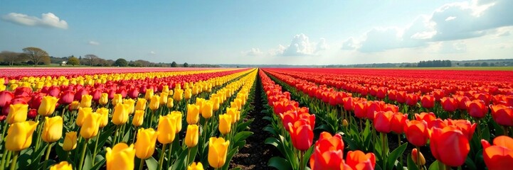 Colorful tulip fields stretching across the landscape, green, tulips