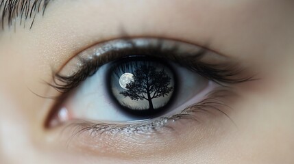 Obraz premium Close-up of eye reflecting moonlit tree.