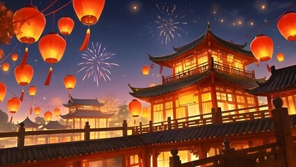 Obraz premium chinese temple at night for chinese new year
