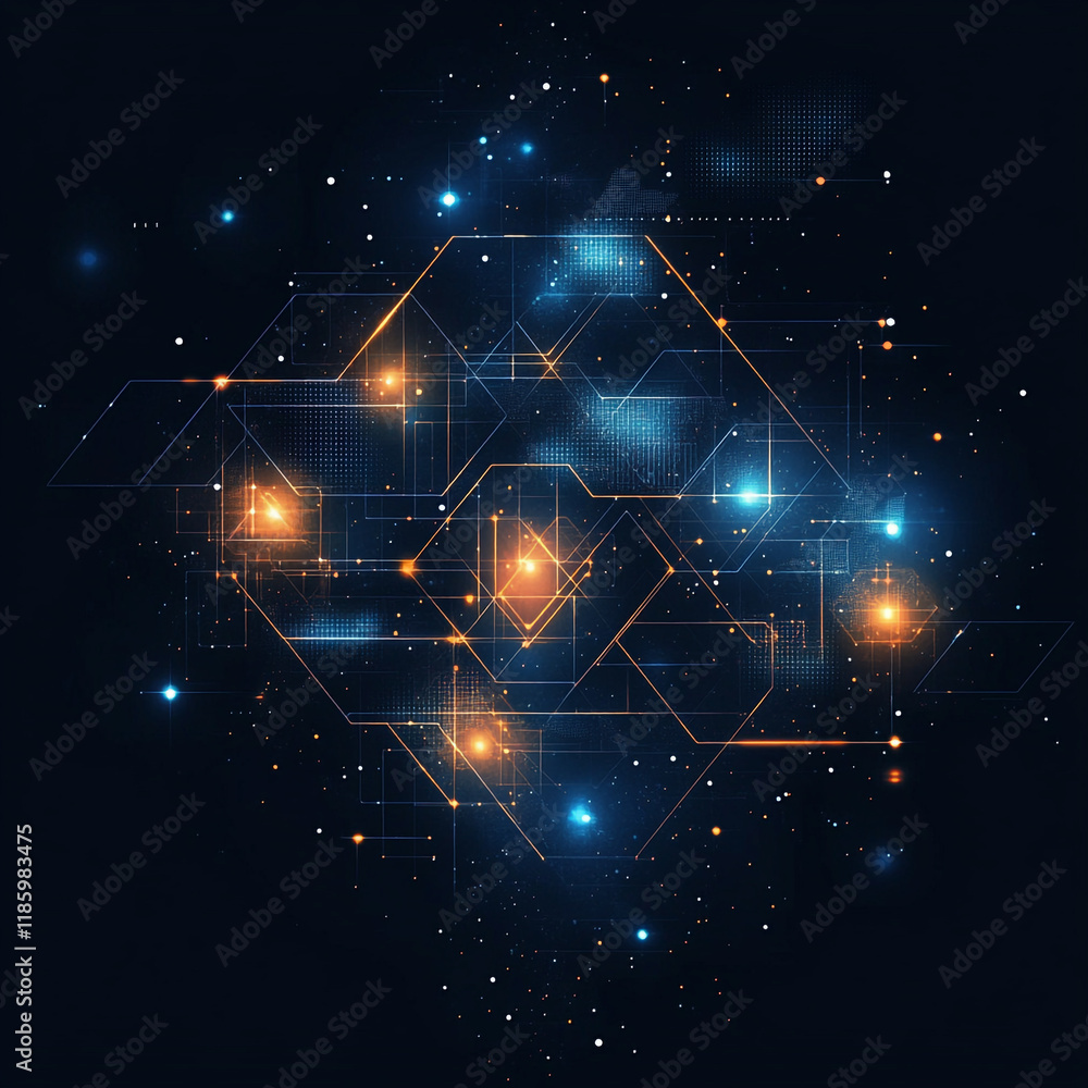 Poster digital abstract art showcasing geometric patterns and glowing lights in dark space