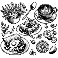Breakfast and Coffee engraving vector illustration
