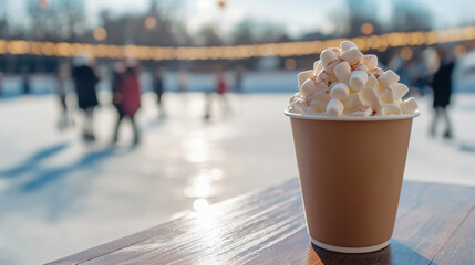 Hot chocolate with marshmallows in a mug on a wooden table by an ice skating rink, glowing festive lights in the background.