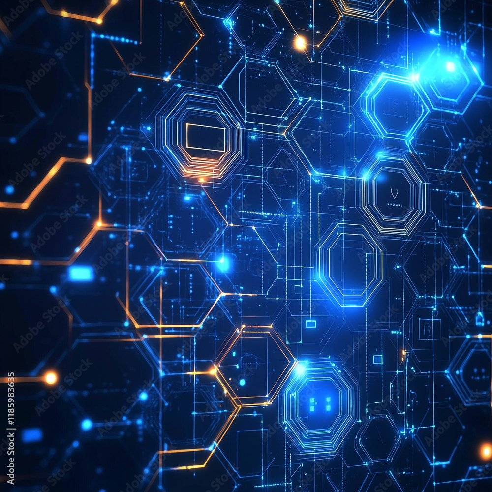 Poster digital network visualization showcasing interconnected data points in blue and orange tones
