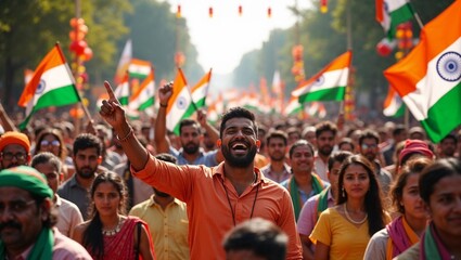 Cheerful Indian man celebrating in a crowd with flags during a festival 
