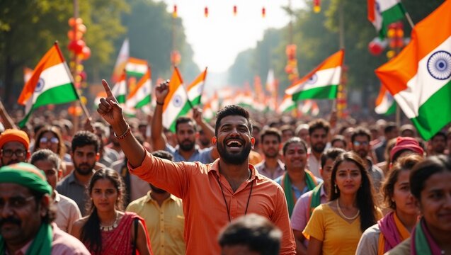 Cheerful Indian man celebrating in a crowd with flags during a festival 

