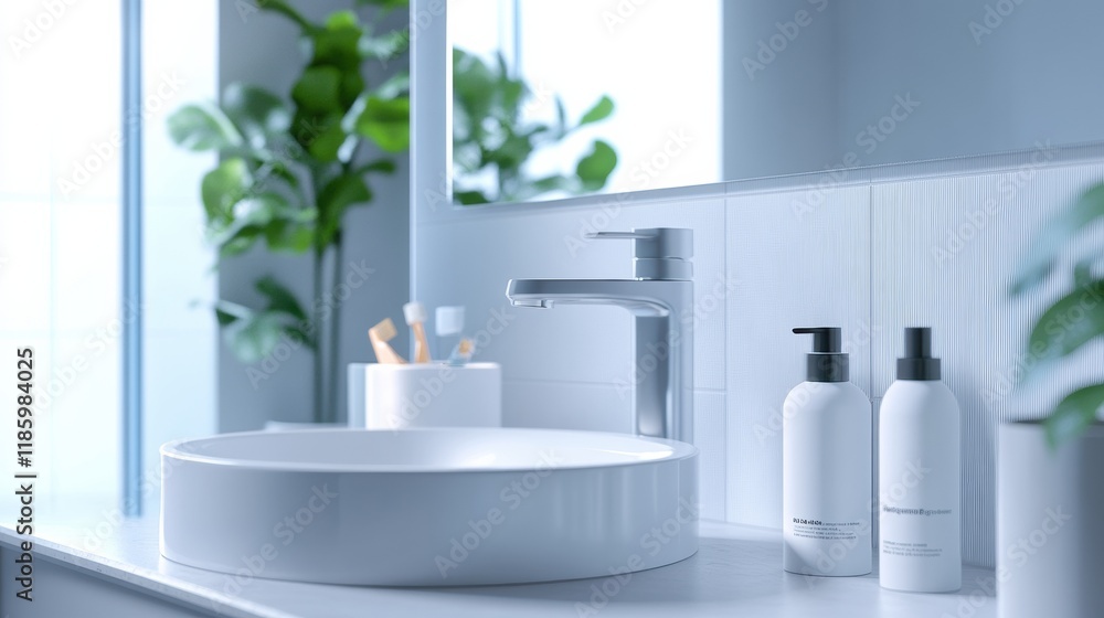 Aufkleber Sanitizer droplets actively working to eliminate bacteria in a modern bathroom setting with clean design elements. Generative AI