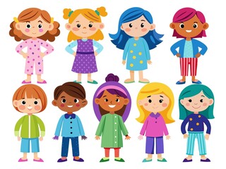 A group of children are standing in a row, with some wearing blue