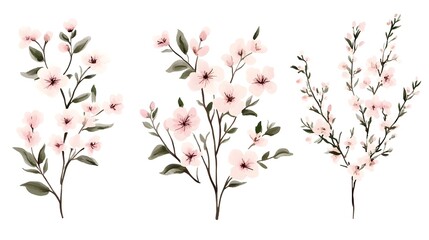 Fototapeta premium Soft Pastel Spring Blossoms and Bold Tropical Leaves on Clean White Aesthetic