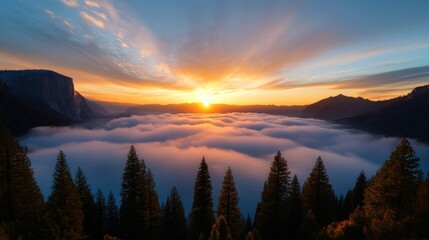 Majestic Sunrise Over Yosemite Valley's Misty Landscape