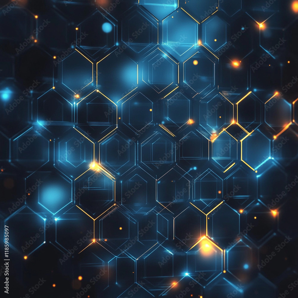 Poster abstract blue and gold hexagonal pattern reflecting digital technology and modern design
