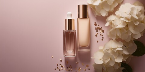 Elegant face serum and nail polish beside pastel hydrangeas on a muted lilac background with rose gold confetti