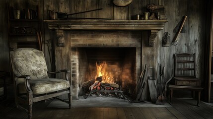 A Fireplace With a Chair in Front of It in a Room - Generative AI