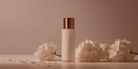 Elegant face serum and pastel hydrangeas create a serene beauty display with rose gold accents under soft light