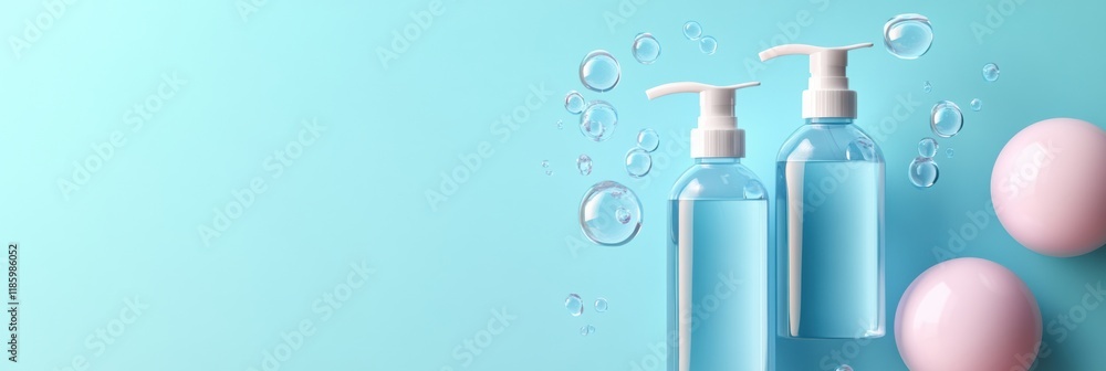 Aufkleber Droplets of sanitizer effectively combating bacteria on surfaces with an attractive blue background. Generative AI