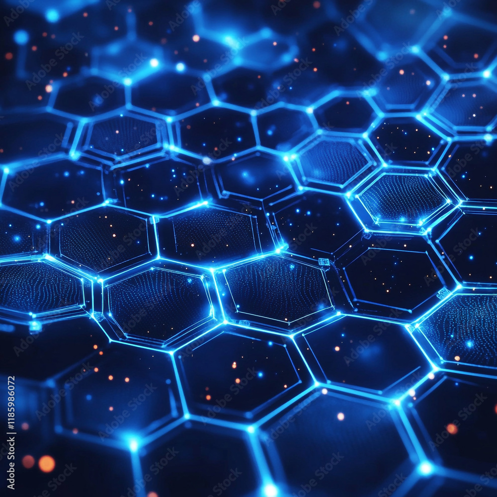Poster hexagonal patterns illuminated by blue light create a futuristic digital landscape