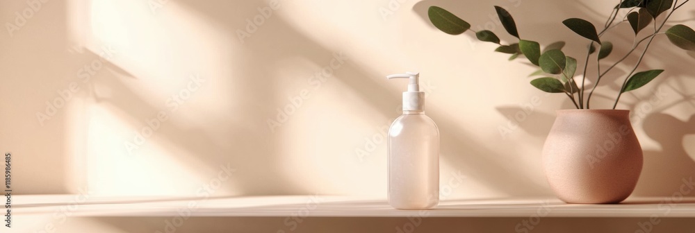 Poster sanitizer droplets reducing bacteria on a sunny shelf with greenery nearby enhancing the clean atmos