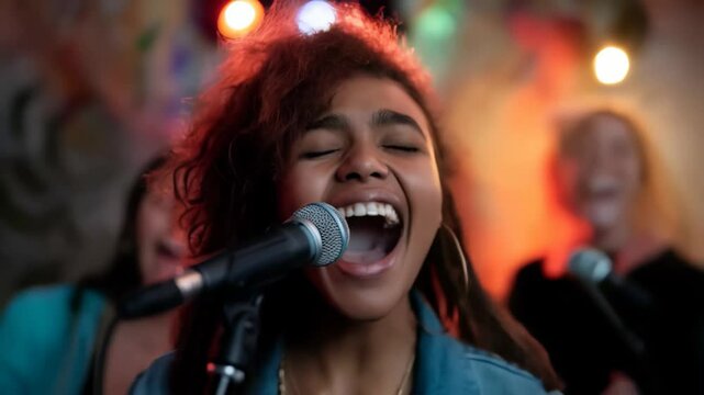  A passionate singer with curly hair performing energetically on stage under vibrant concert lights