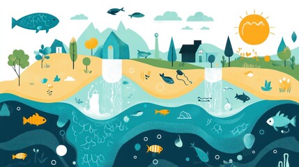 Illustrated landscape depicting aquatic and terrestrial ecosystems, showcasing interconnectedness of nature, water cycle, and biodiversity.