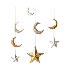 Hanging Gold and Silver Star Decorations Isolated on Transparent Background