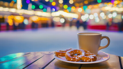 Cup of coffee with pretzels on a wooden table at a festive outdoor market, colorful lights and cozy holiday atmosphere.
