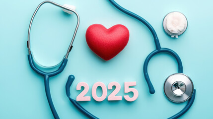 Stethoscope and heart shape on a light blue background with the text "2025" for a healthcare concept