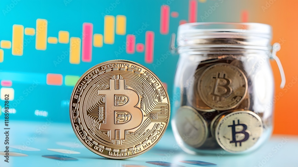 Aufkleber stylish bitcoin coin display against colorful trading data backdrop