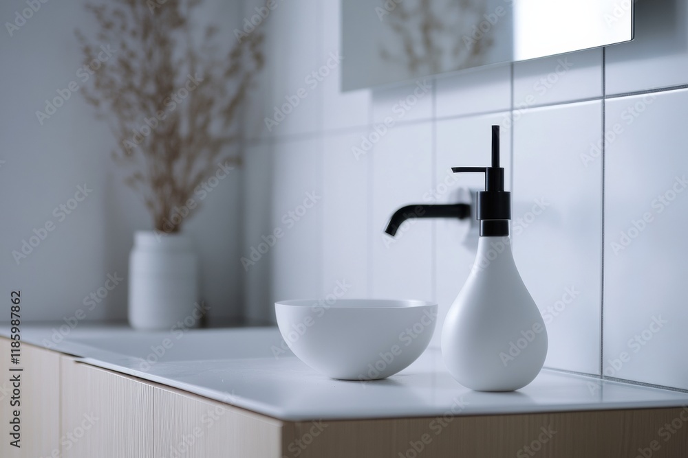Poster Droplets of sanitizer actively eliminating bacteria in a clean bathroom setting with modern decor and minimalistic design. Generative AI