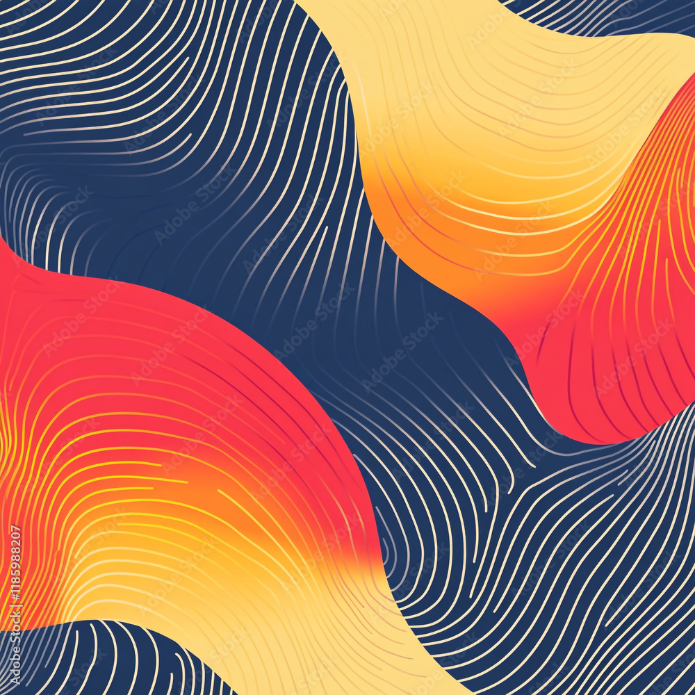 Poster colorful abstract design with flowing lines and shapes in warm hues on dark background