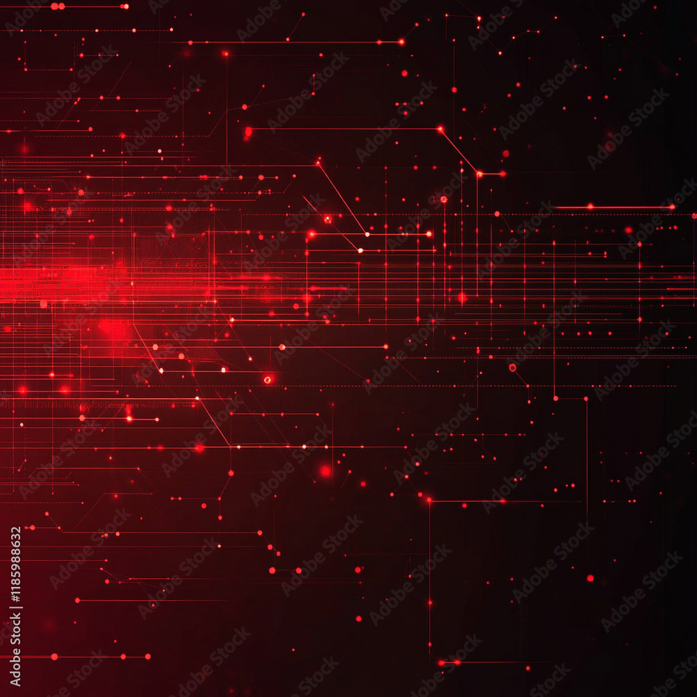 Poster abstract red digital background with glowing lines and particles for technology themes