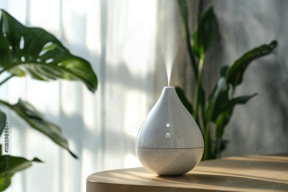Aufkleber Droplets of sanitizer mist eliminate bacteria while enhancing indoor air quality in a well lit living space. Generative AI