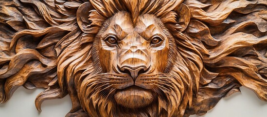 An intricately detailed wood carving of a lion's face, displayed on a white background, capturing its majestic expression.