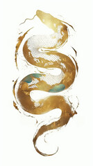 Fototapeta premium Dragon orSnake illustration design, minimalist, graphic design, clear scales, writhing body, gold foil paper brush marks
