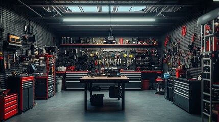 Industrial Chic: A well-organized and equipped workshop, showcasing a sleek and modern aesthetic with a focus on functionality and practicality. The space is bathed in cool, industrial lighting.