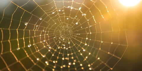 Obraz premium Close-up of a spider web with morning dew glistening in sunlight, vibrant colors, in 8K detail, studio-lit and centered