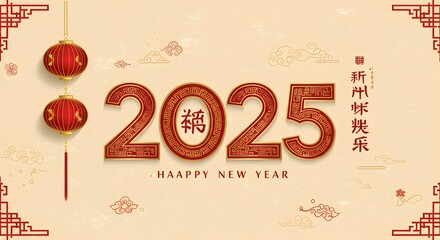 Festive chinese new year 2025 background with red ornamented number and traditional golden cloud element for elegant seasonal celebration