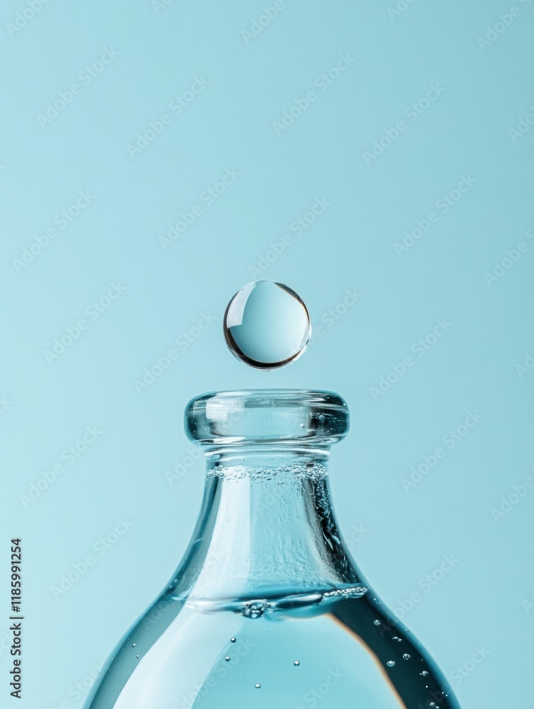 Poster Droplets of sanitizer fall from a clear bottle into a reflective pool on a soft blue background. Generative AI