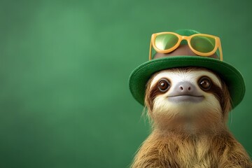 Fototapeta premium Charming Sloth Wearing Panama Hat on Vibrant Chartreuse Background in Studio Lighting