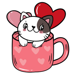 Cute Cat Sitting in a Pink Coffee Cup with Heart Pattern – Vector Illustration.