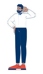 Thoughtful african american corporate employee 2D doodle character. Black male entrepreneur expressing confusion cartoon person vector drawing isolated on white. Hand drawn illustration colorful