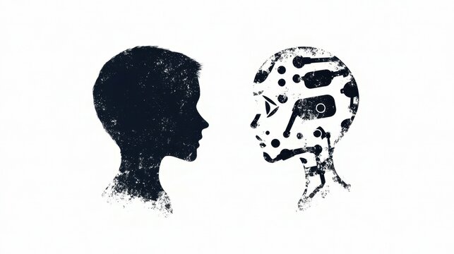 Silhouette art contrasting human futuristic robotic profiles