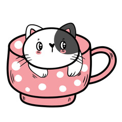 Cute Spotted Cat in a Pink Polka Dot Coffee Cup Vector Illustration.