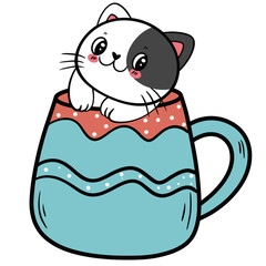 Cute Spotted Cat in a Blue Coffee Cup Vector Illustration.