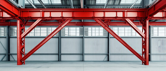 Innovative industrial space featuring red beam structure and sleek air conditioning design in a modern warehouse setting
