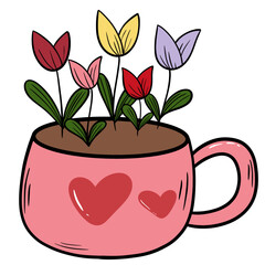 Pink Tulip Flowers in Pink Glass Cup - Vector Illustration.