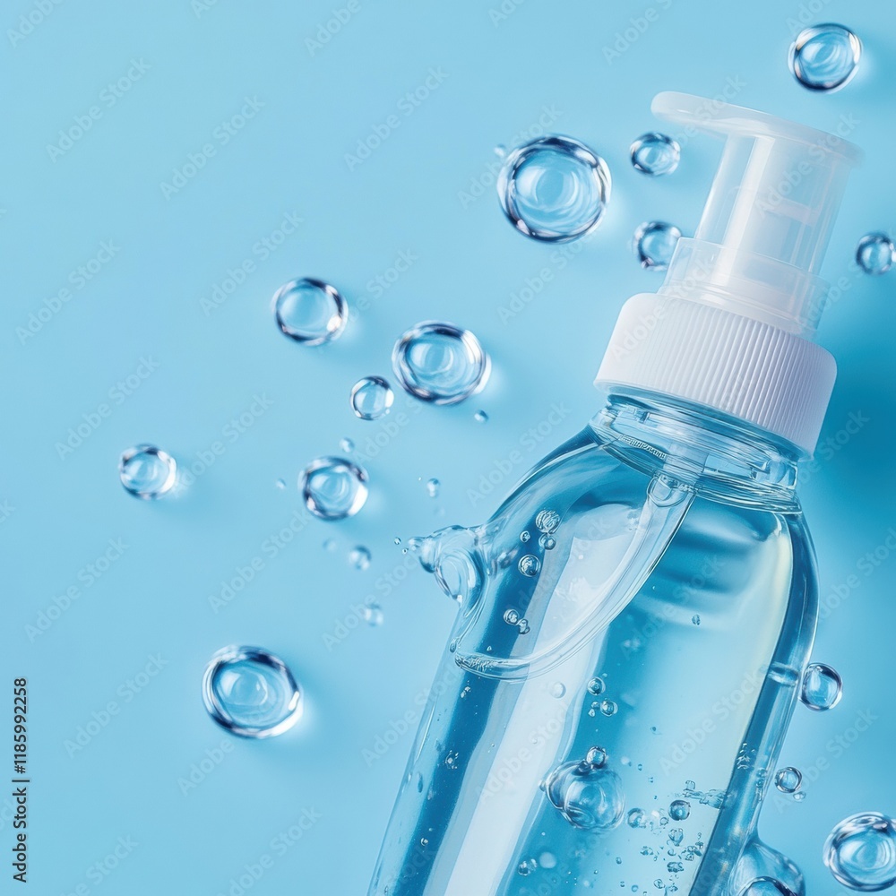 Poster droplets of sanitizer actively eliminating bacteria on a blue background. generative ai